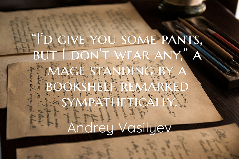 id give you some pants but i dont wear any a mage standing by a bookshelf...