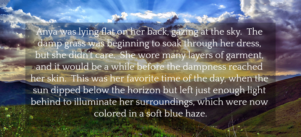 anya was lying flat on her back gazing at the sky the damp grass was beginning to soak...