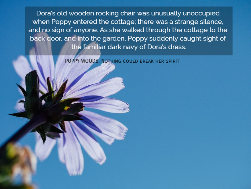 doras old wooden rocking chair was unusually unoccupied when poppy entered the cottage...