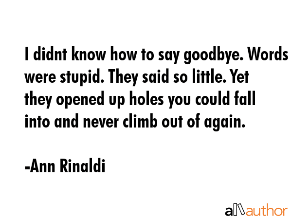 I didnt know how to say goodbye. Words were stupid. They said so little. Yet they opened up holes you could fall into and never climb out of again. - Ann Rinaldi Quote