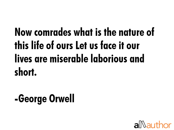 Now comrades what is the nature of this life of ours Let us face it our lives are miserable... - George Orwell Quote GIF