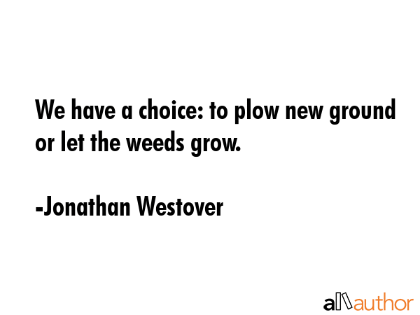 We have a choice: to plow new ground or let the weeds grow. - Jonathan Westover Quote