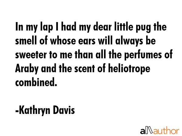 In my lap I had my dear little pug the smell of whose ears will always be sweeter to me than all the perfumes of Araby and the scent of heliotrope combined. - Kathryn Davis Quote