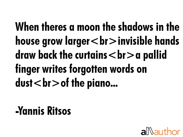When theres a moon the shadows in the house grow largerinvisible hands draw back the curtainsa... - Yannis Ritsos Quote GIF